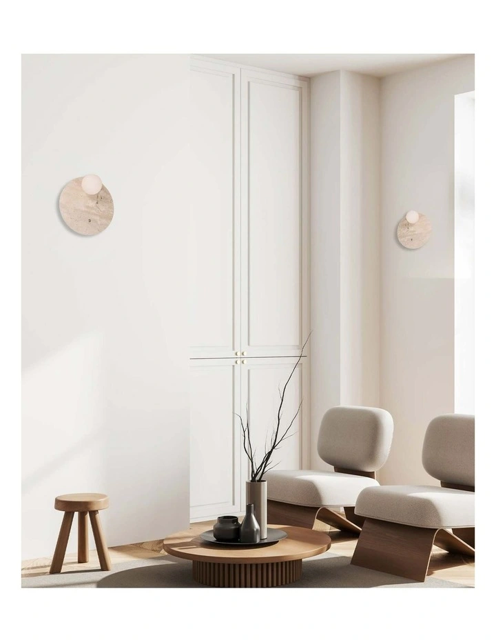 Poi Interior Round Travertine Base with Beige Finish & Round Opal Diffuser Wall Light image 2