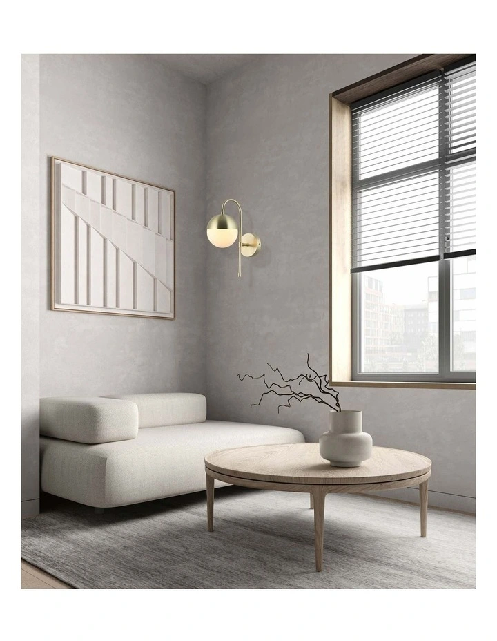 Aro Interior Round Opal Glass with Satin Gold Bracket Wall Light image 2