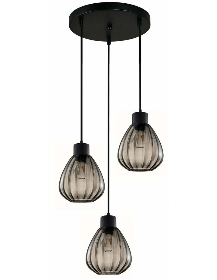 Tulip Interior Bronze Amber / Smokey Black Wine Glass Ribbed Multiple Round Base Pendant Lights image 1