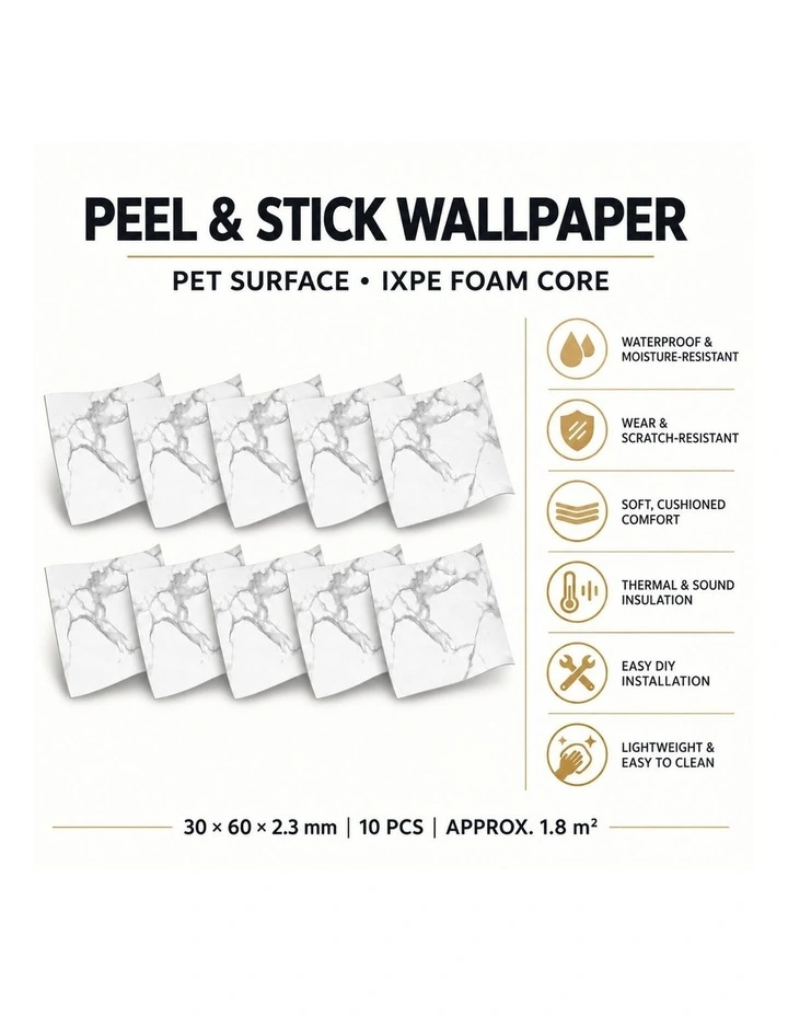 SOGA Peel & Stick Floor and Wall Tiles 30 x 60cm 10 Pack White Grey Faux Marble image 7
