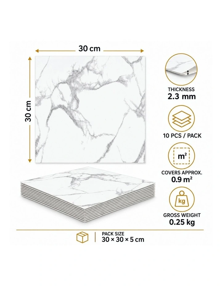 SOGA Peel & Stick Floor and Wall Tiles 30 x 30cm 10 Pack White Grey Faux Marble image 5
