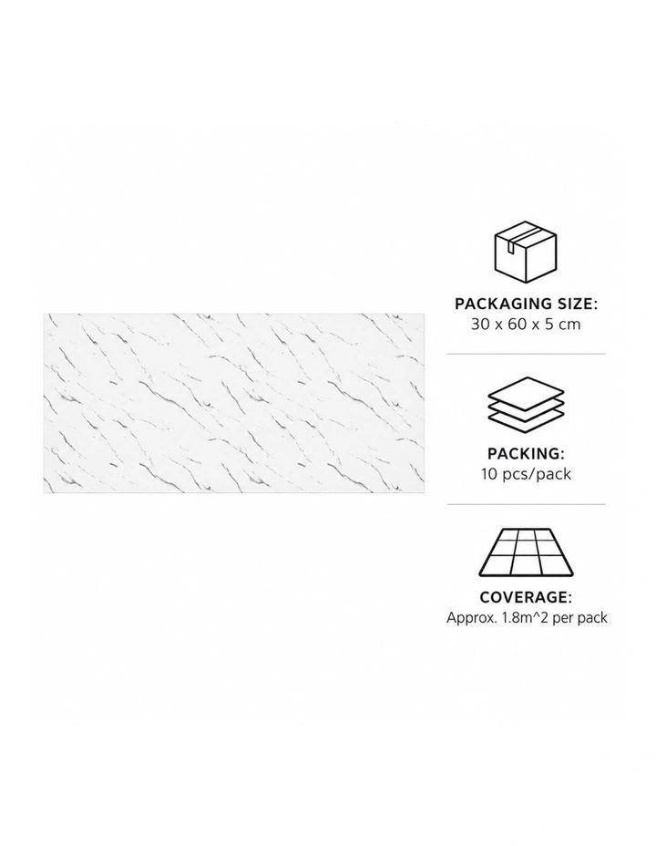 SOGA Peel & Stick Floor and Wall Tiles 30 x 60cm 10 Pack White Faux Marble image 5