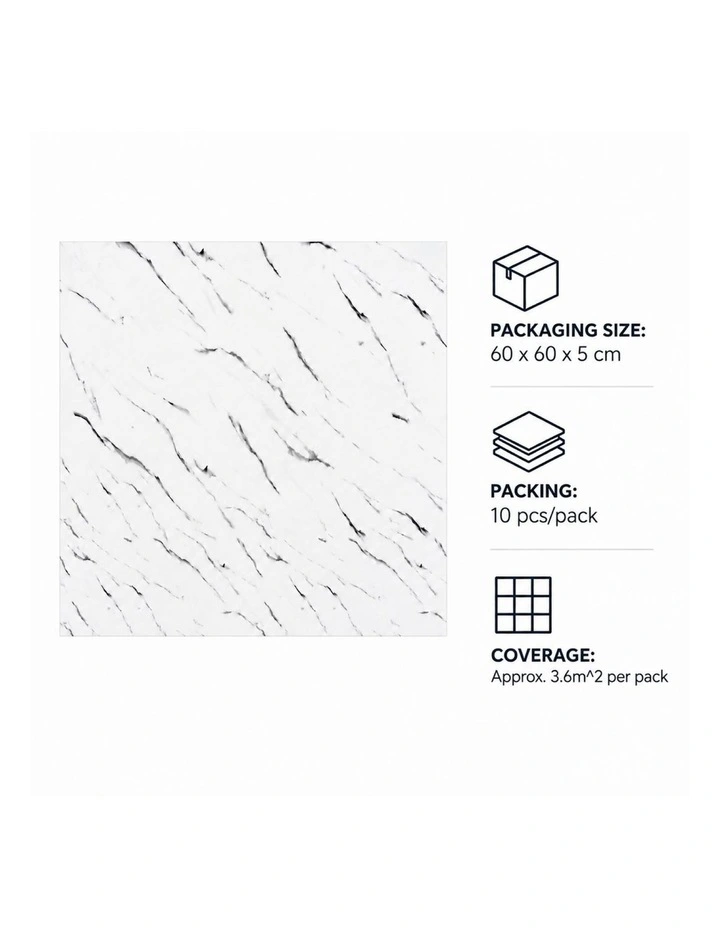 SOGA Peel & Stick Floor and Wall Tiles 60 x 60cm 10 Pack White Faux Marble image 5