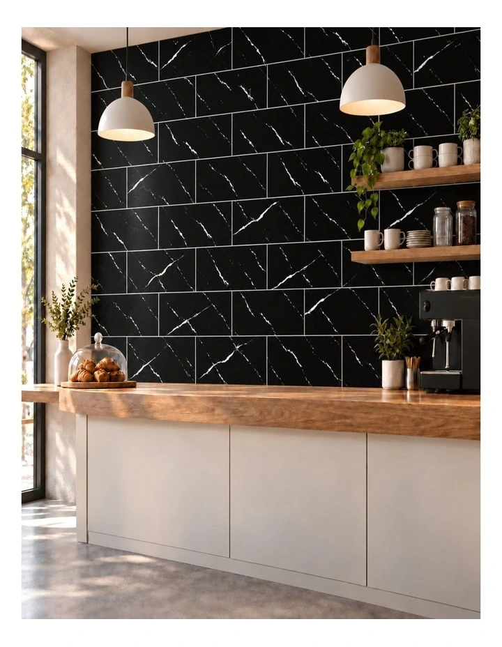 SOGA Peel & Stick Floor and Wall Tiles 30 x 60cm 10 Pack Black Faux Marble image 3