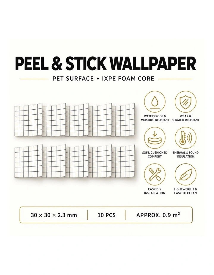 SOGA Peel & Stick Floor and Wall Tiles 30 x 30cm 10 Pack White Grid Tile Look image 7