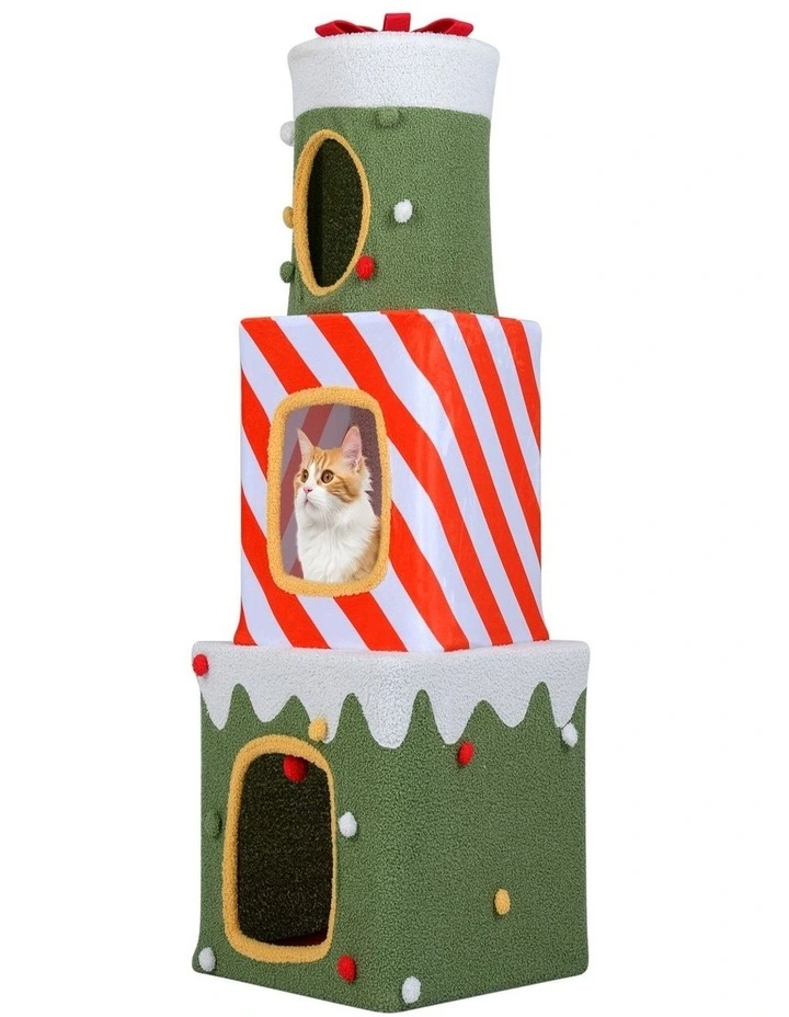 120cm Stackable Christmas Cat Tree with 3 Condos & Dangling Ball - Green image 1