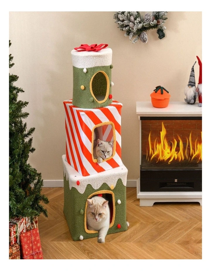 120cm Stackable Christmas Cat Tree with 3 Condos & Dangling Ball - Green image 2