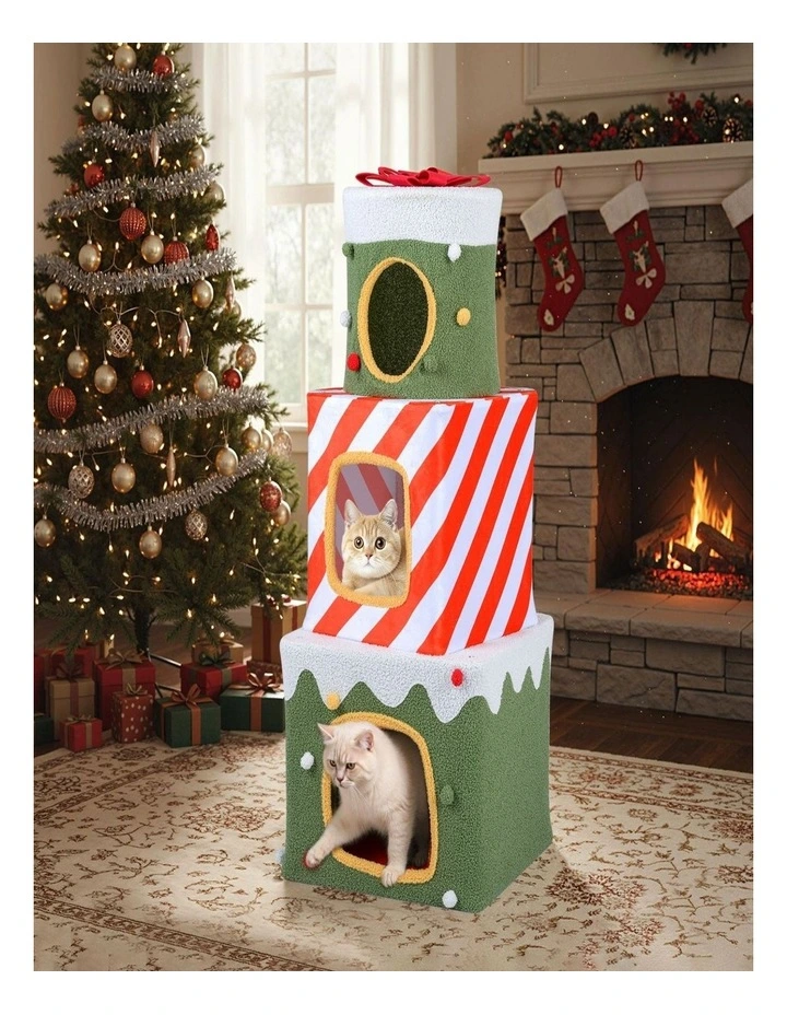 120cm Stackable Christmas Cat Tree with 3 Condos & Dangling Ball - Green image 3