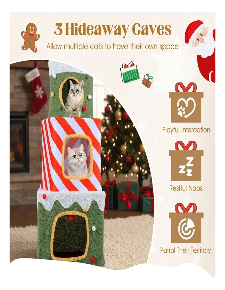 120cm Stackable Christmas Cat Tree with 3 Condos & Dangling Ball - Green image 4
