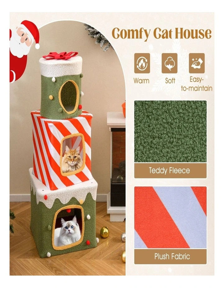 120cm Stackable Christmas Cat Tree with 3 Condos & Dangling Ball - Green image 5