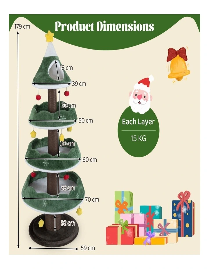 179cm Multi-Level Green Christmas Cat Tree Tower for Kittens image 5