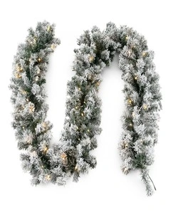 270cm Flocked Rattan Christmas Garland with LED Lights & Timer for Mantel Decor