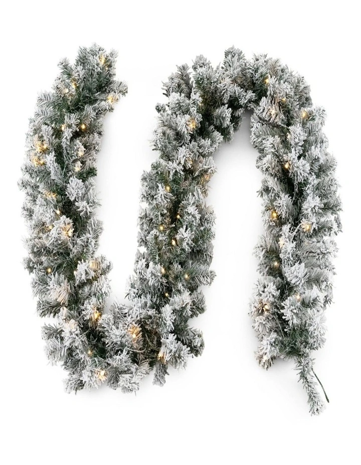 270cm Flocked Rattan Christmas Garland with LED Lights & Timer for Mantel Decor image 1