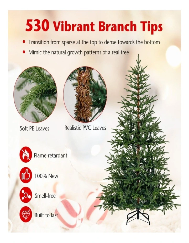 1.8m/2.1m Pre-Lit Artificial Christmas Tree with 250/300 Warm White LED Lights image 3