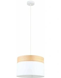 Tambura Scandinavian Medium Drum Cloth Shade with Wood Veneer Trim Pendant Lights