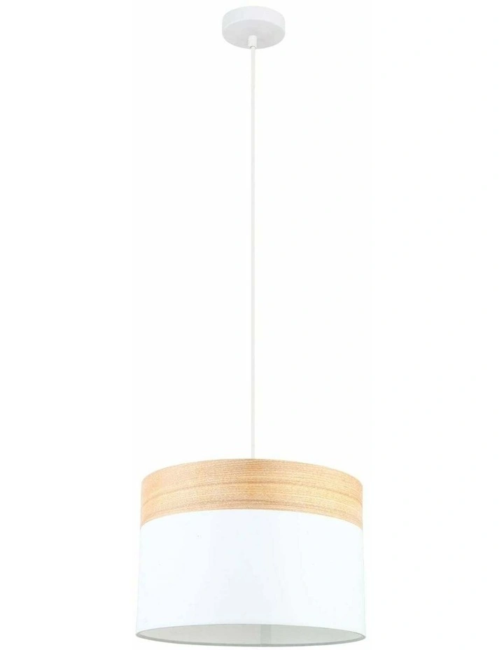 Tambura Scandinavian Medium Drum Cloth Shade with Wood Veneer Trim Pendant Lights image 1