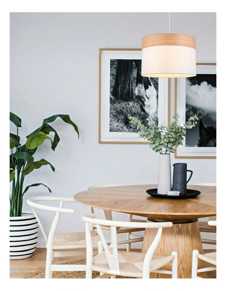 Tambura Scandinavian Medium Drum Cloth Shade with Wood Veneer Trim Pendant Lights image 2