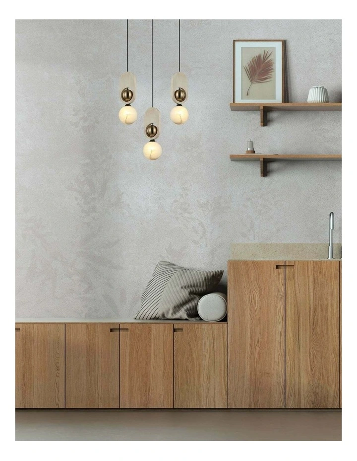 Palta Interior Sandblasted Opal Diffuser with Brass & Wood Highlight Pendant Lights image 3