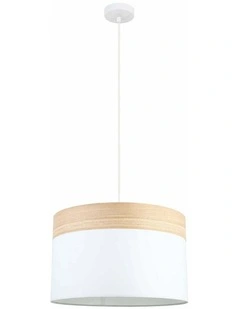 Tambura Scandinavian Large Drum Cloth Shade with Wood Veneer Trim Pendant Lights