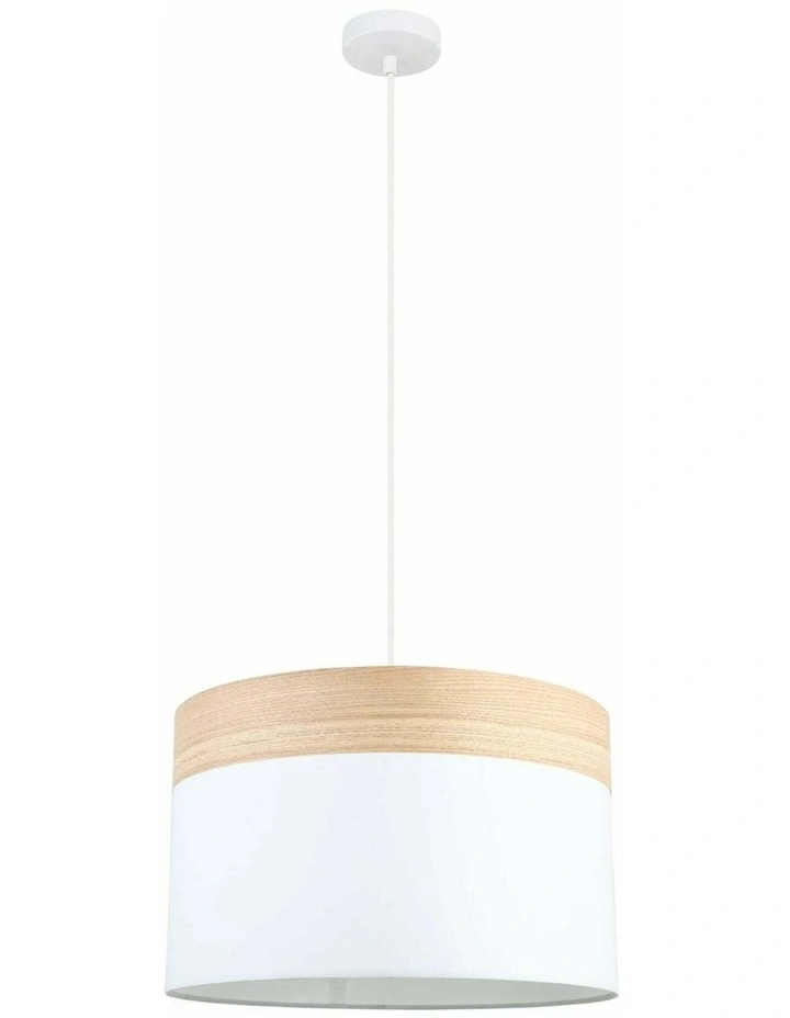 Tambura Scandinavian Large Drum Cloth Shade with Wood Veneer Trim Pendant Lights image 1