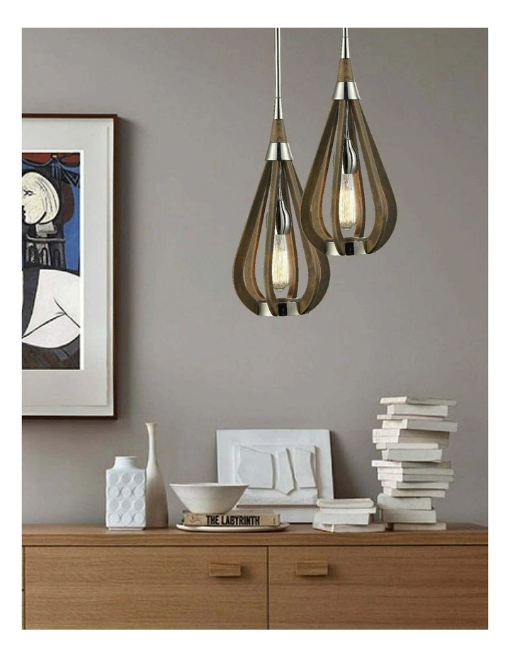 Bonito Rustic Small Taupe / Winter Moss Wood Tear Drop Pendant Light image 2