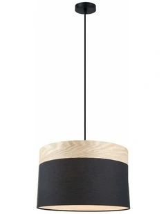 Tambura Scandinavian Large Drum Cloth Shade with Wood Veneer Trim Pendant Lights