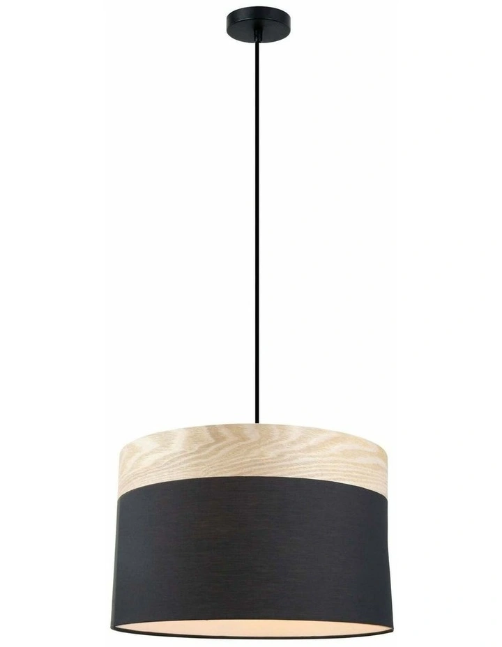 Tambura Scandinavian Large Drum Cloth Shade with Wood Veneer Trim Pendant Lights image 1