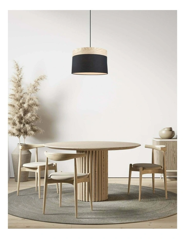 Tambura Scandinavian Large Drum Cloth Shade with Wood Veneer Trim Pendant Lights image 2