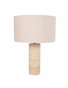Sagitta Beige Travertine Base Oblong Fabric Cream Shade Table Lamps