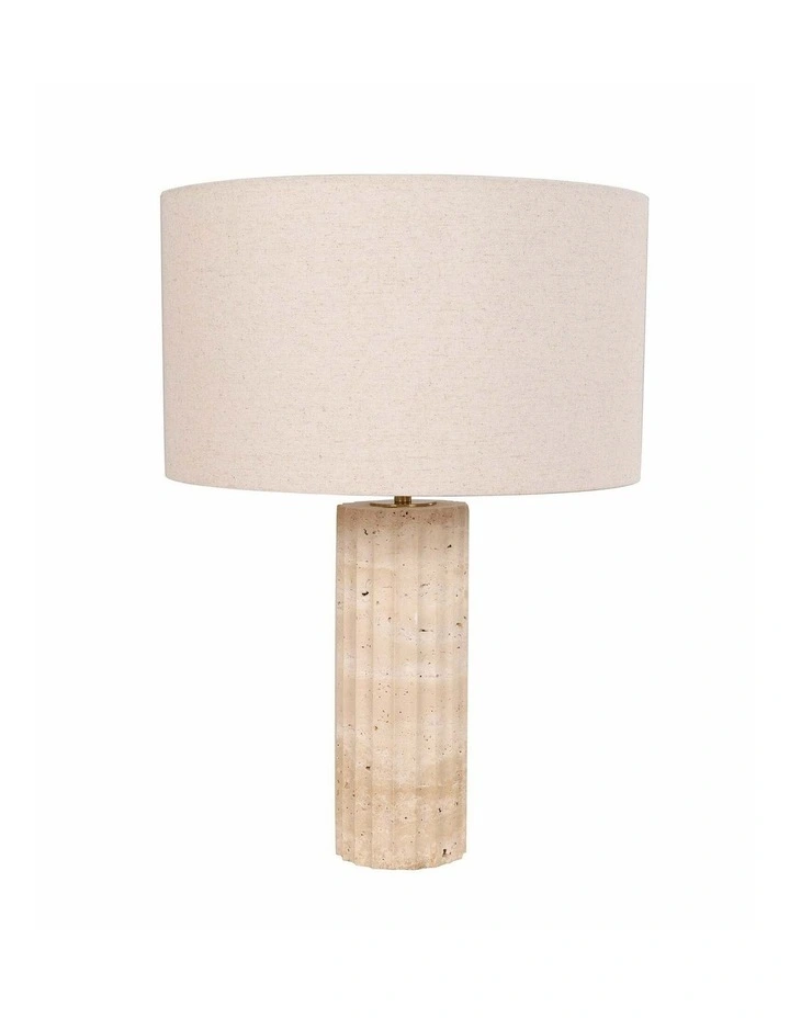 Sagitta Beige Travertine Base Oblong Fabric Cream Shade Table Lamps image 1