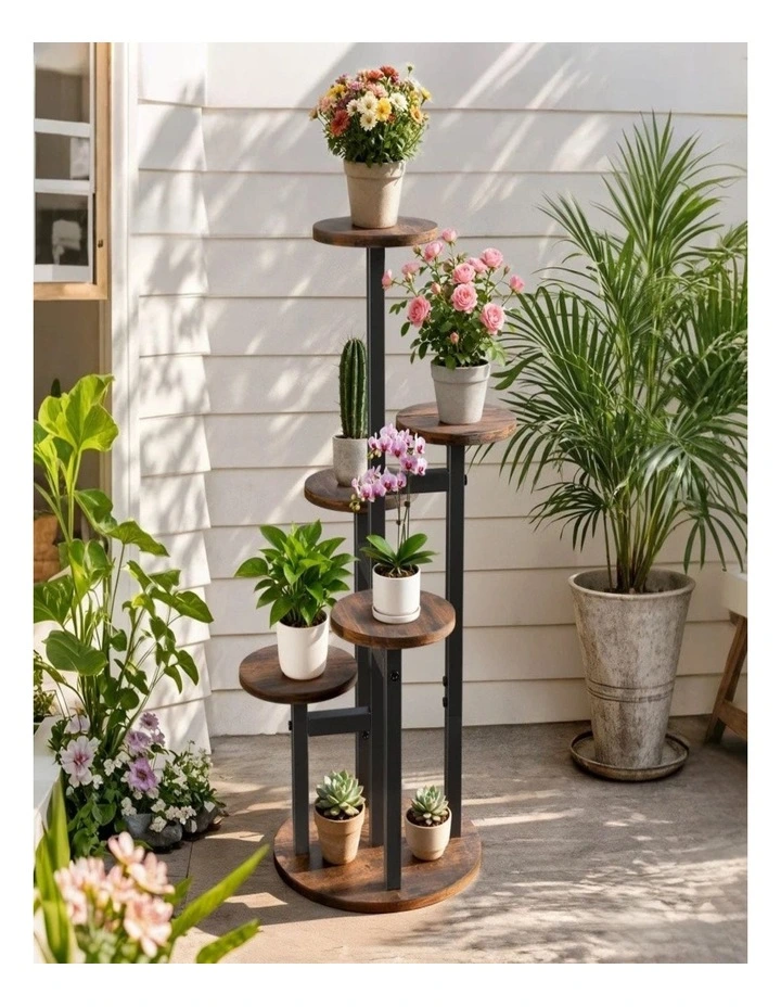 5-Tier Metal & Wood Plant Stand Indoor Outdoor Plant Shelf for Garden Patio & Balcony image 2