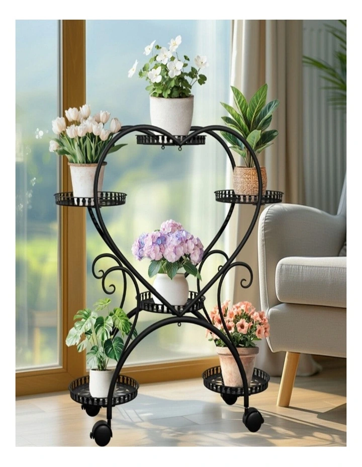 Heart-Shaped 6-Pot Metal Plant Stand on Wheels  Indoor Outdoor Flower Display Rack image 2