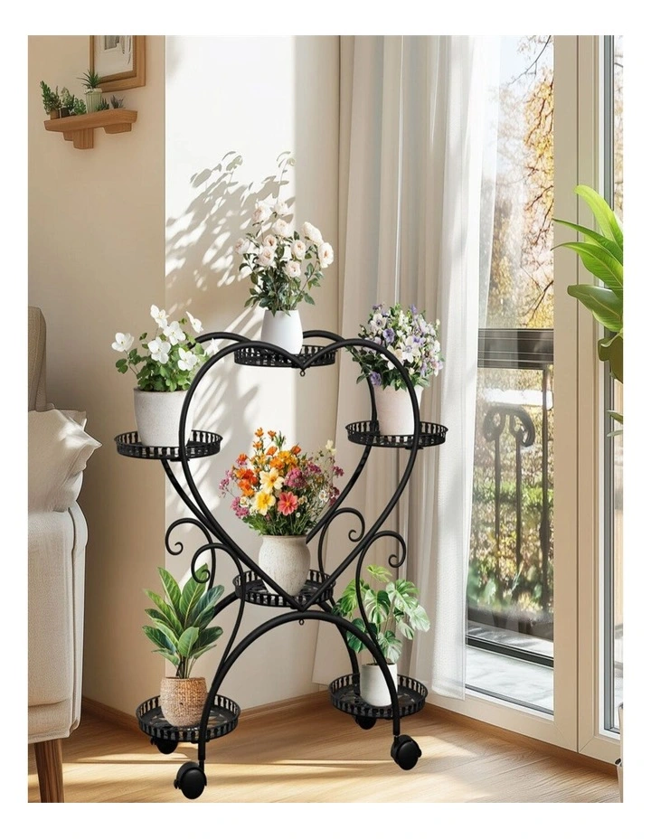 Heart-Shaped 6-Pot Metal Plant Stand on Wheels  Indoor Outdoor Flower Display Rack image 3
