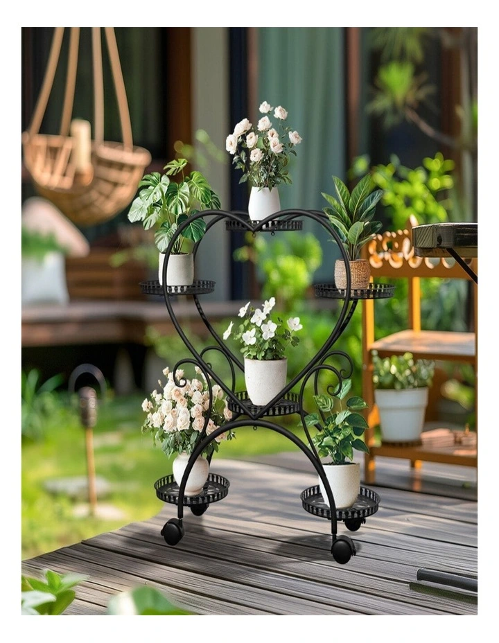 Heart-Shaped 6-Pot Metal Plant Stand on Wheels  Indoor Outdoor Flower Display Rack image 4