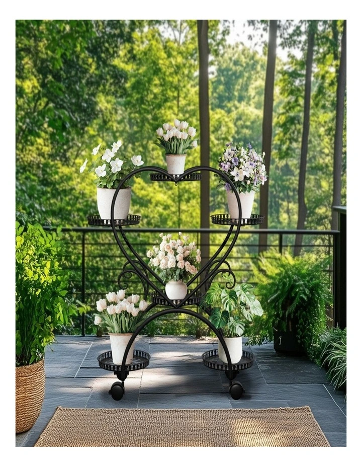 Heart-Shaped 6-Pot Metal Plant Stand on Wheels  Indoor Outdoor Flower Display Rack image 5
