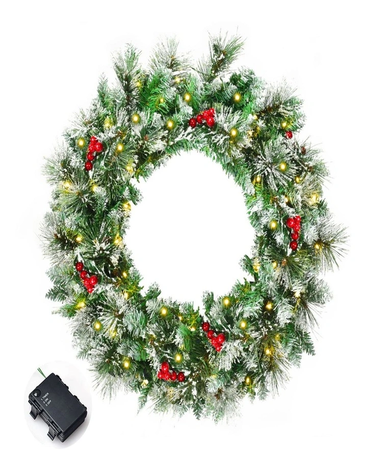 60cm Snow-Covered Christmas Wreath with 50 LED Lights Festive Decor image 2