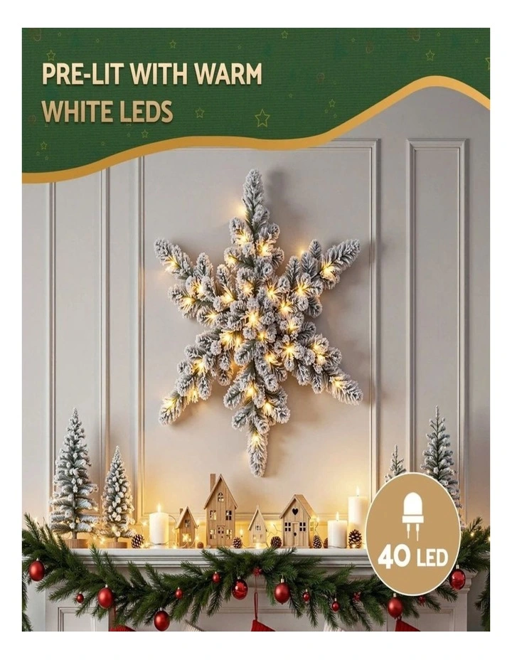60cm Snow Flocked Christmas Wreath with LED Lights Festive Door Decor image 2