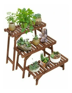 3-Tier Pine Wood Ladder Plant Stand Indoor Outdoor Flower Pot Shelf for Garden & Patio
