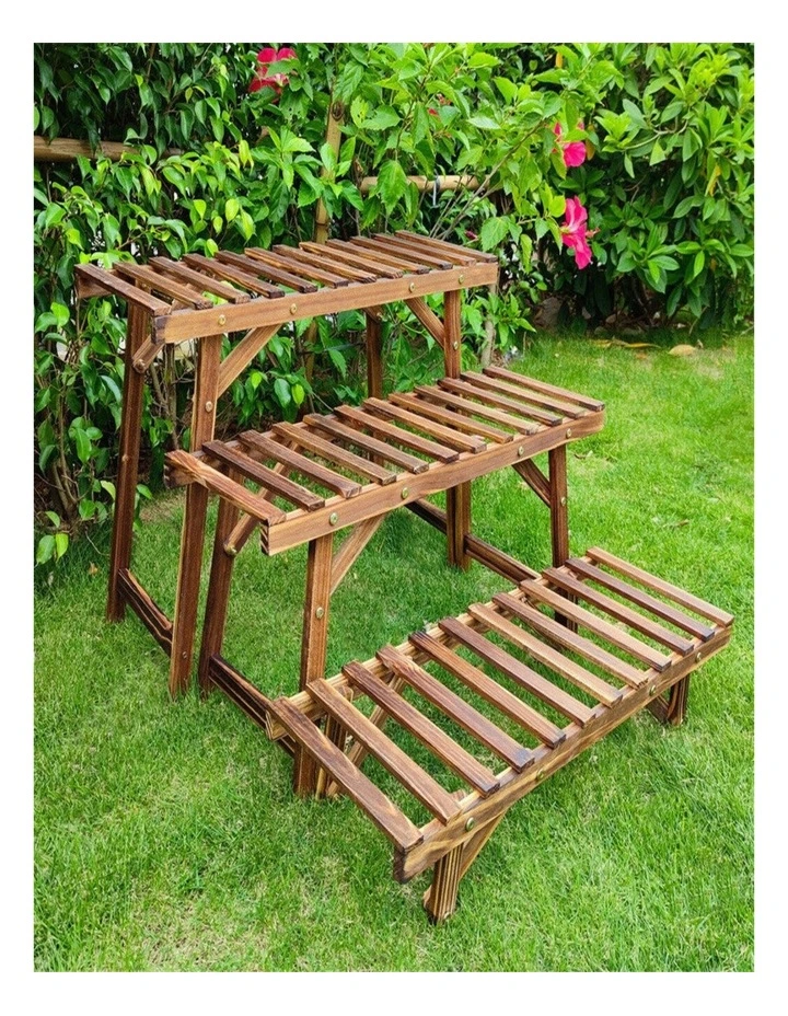 3-Tier Pine Wood Ladder Plant Stand Indoor Outdoor Flower Pot Shelf for Garden & Patio image 2