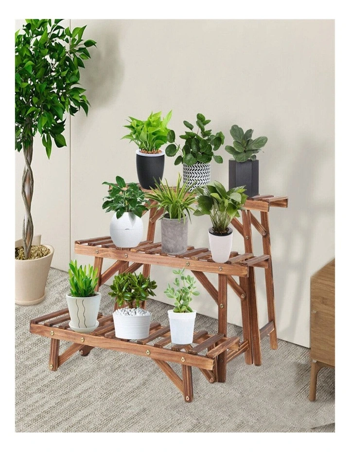 3-Tier Pine Wood Ladder Plant Stand Indoor Outdoor Flower Pot Shelf for Garden & Patio image 3