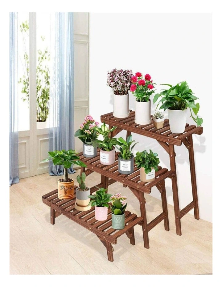 3-Tier Pine Wood Ladder Plant Stand Indoor Outdoor Flower Pot Shelf for Garden & Patio image 4