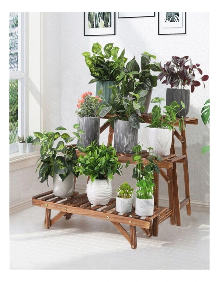 3-Tier Pine Wood Ladder Plant Stand Indoor Outdoor Flower Pot Shelf for Garden & Patio image 5