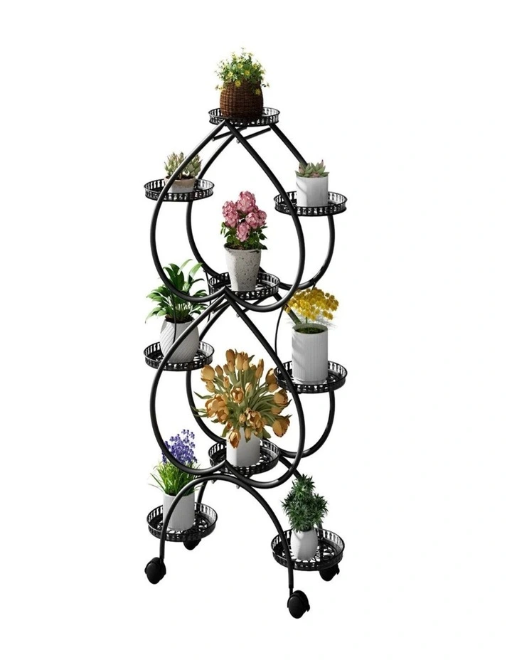 9-Pot XL Metal Plant Stand on Wheels Rolling Indoor Outdoor Garden Flower Pot Rack image 2