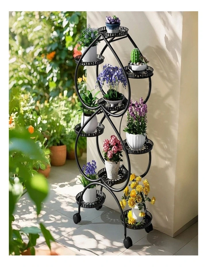 9-Pot XL Metal Plant Stand on Wheels Rolling Indoor Outdoor Garden Flower Pot Rack image 4