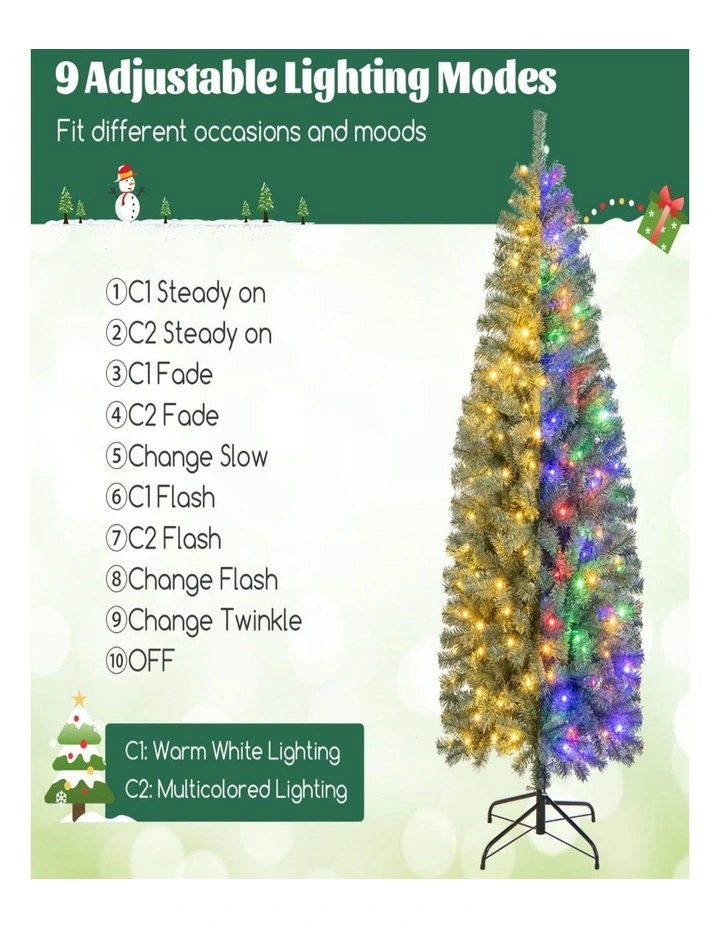 Pre-Lit Slim Pencil Artificial Christmas Tree with LED Lights & 9 Modes image 5