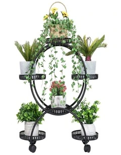 6-Pot Black Metal Plant Stand on Wheels Rolling Flower Pot Holder & Display Rack