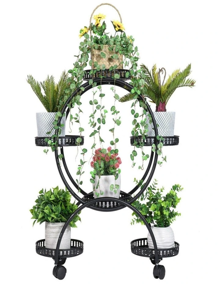 6-Pot Black Metal Plant Stand on Wheels  Rolling Flower Pot Holder & Display Rack image 1