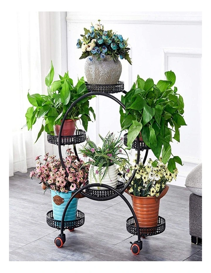 6-Pot Black Metal Plant Stand on Wheels  Rolling Flower Pot Holder & Display Rack image 2