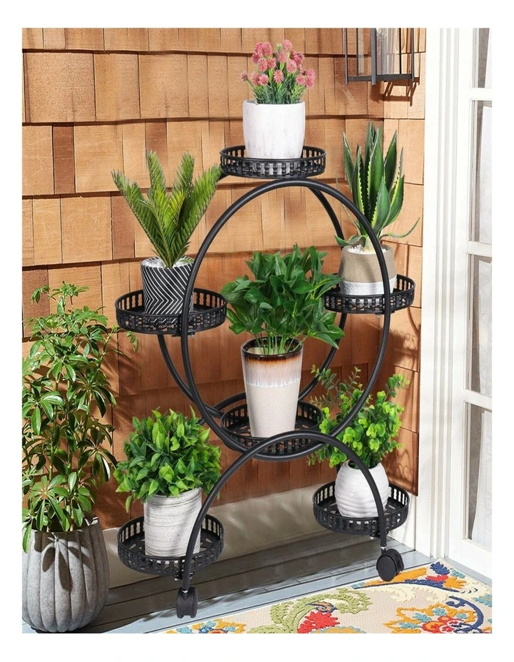6-Pot Black Metal Plant Stand on Wheels  Rolling Flower Pot Holder & Display Rack image 3