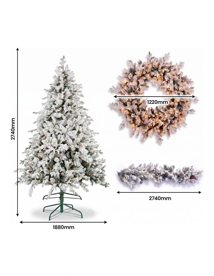 Christabelle Snowy Dorchester Pre-Lit Christmas Tree 9ft 2.7m, Flocked LED Wreath 1.2m or Garland image 4